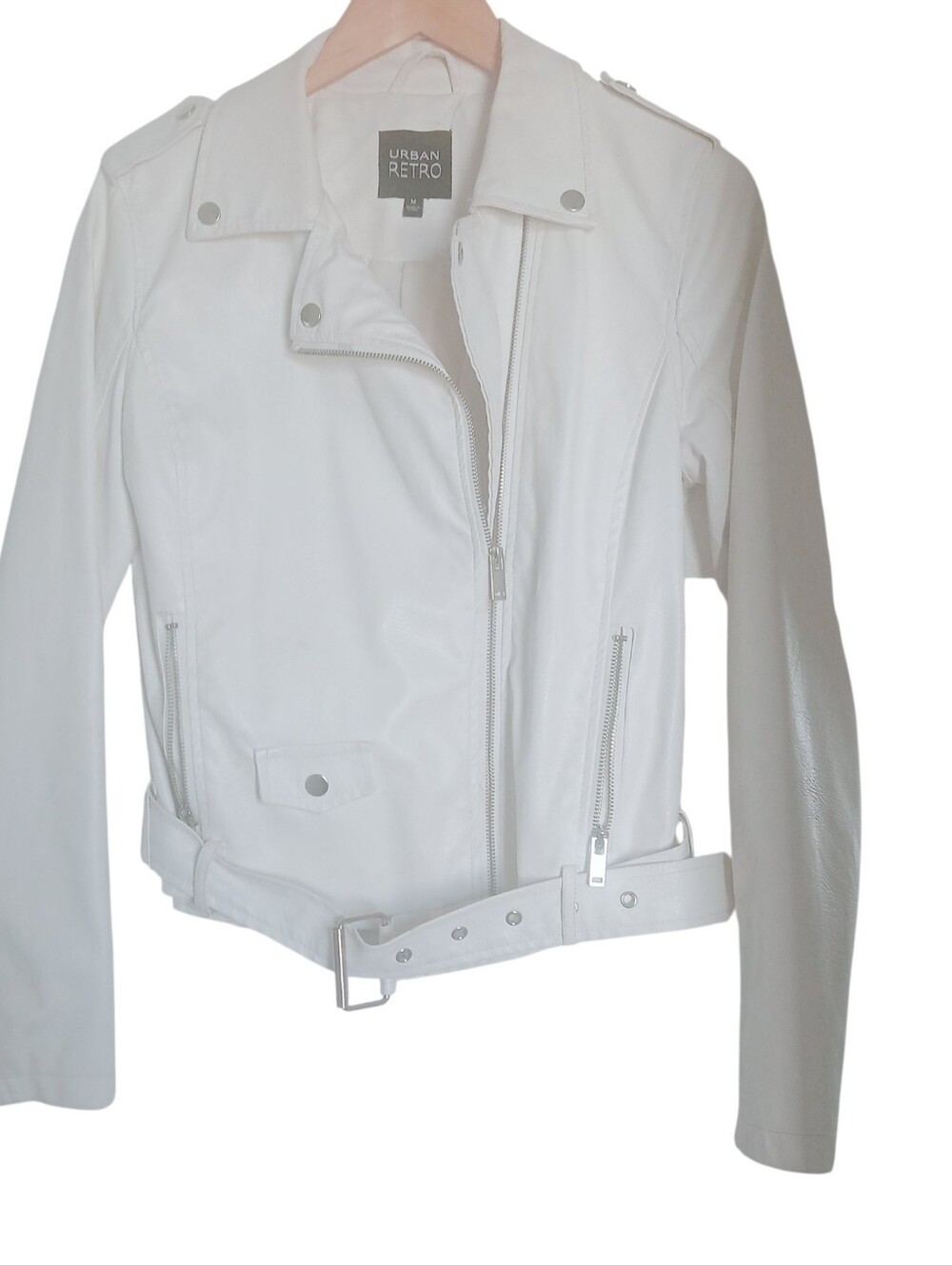 Urban Retro White Leather Vegan Motorcycle Jacket Asymmetrical Zip Snap Buttons